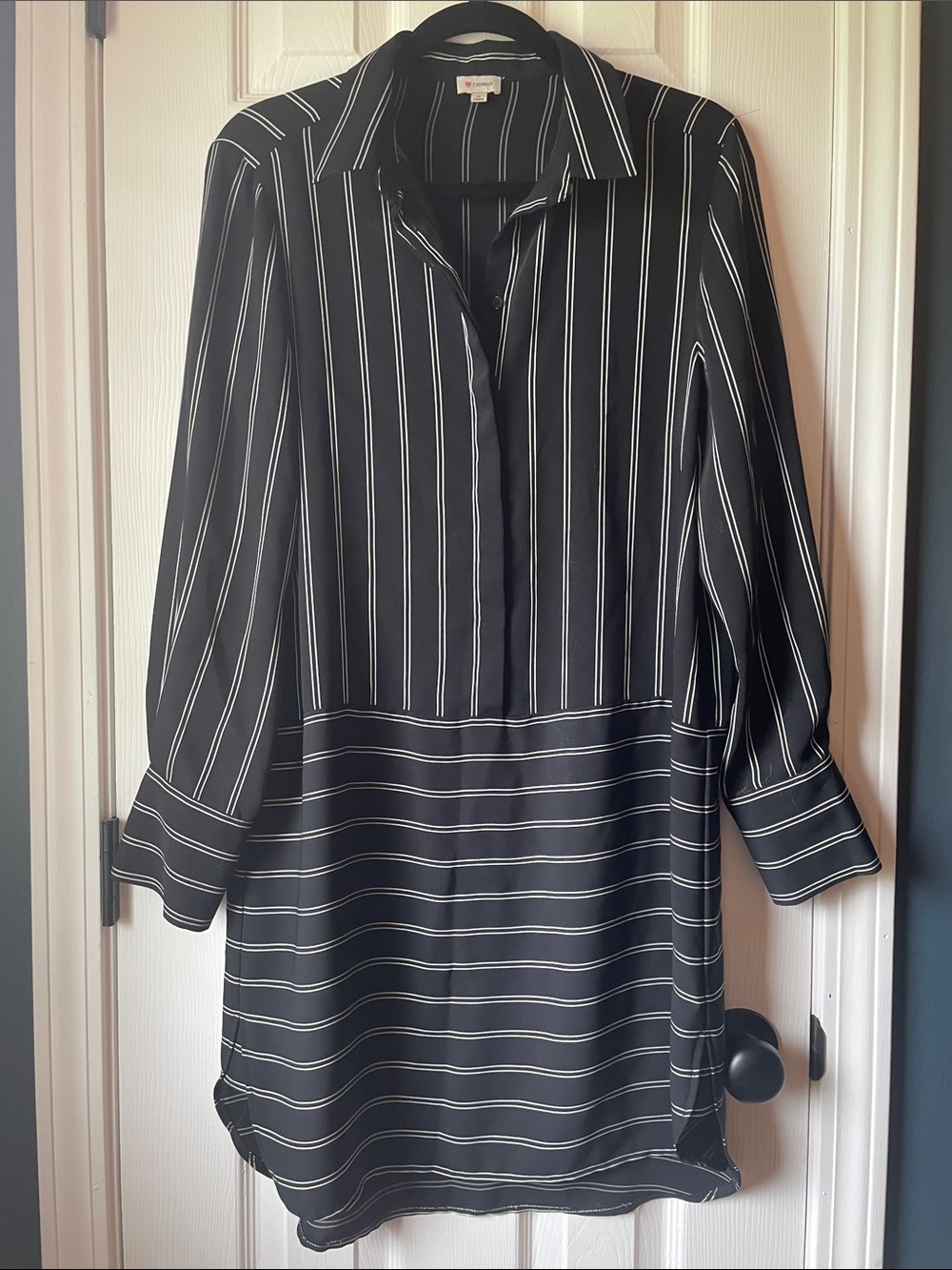 Black Striped Longline Button-Up Dress